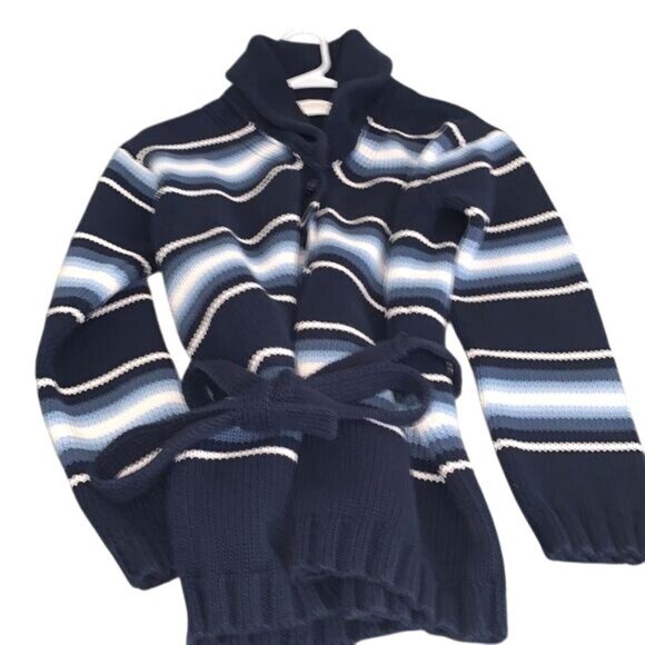Liz Claiborne Navy Blue Striped Cardigan Sweater With Belt S 100% Cotton Womens - Picture 1 of 6